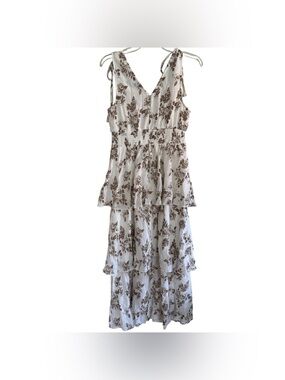 J Gee White Brown Tiered Floral Maxi Dress V-neck Cottagecore Romantic M